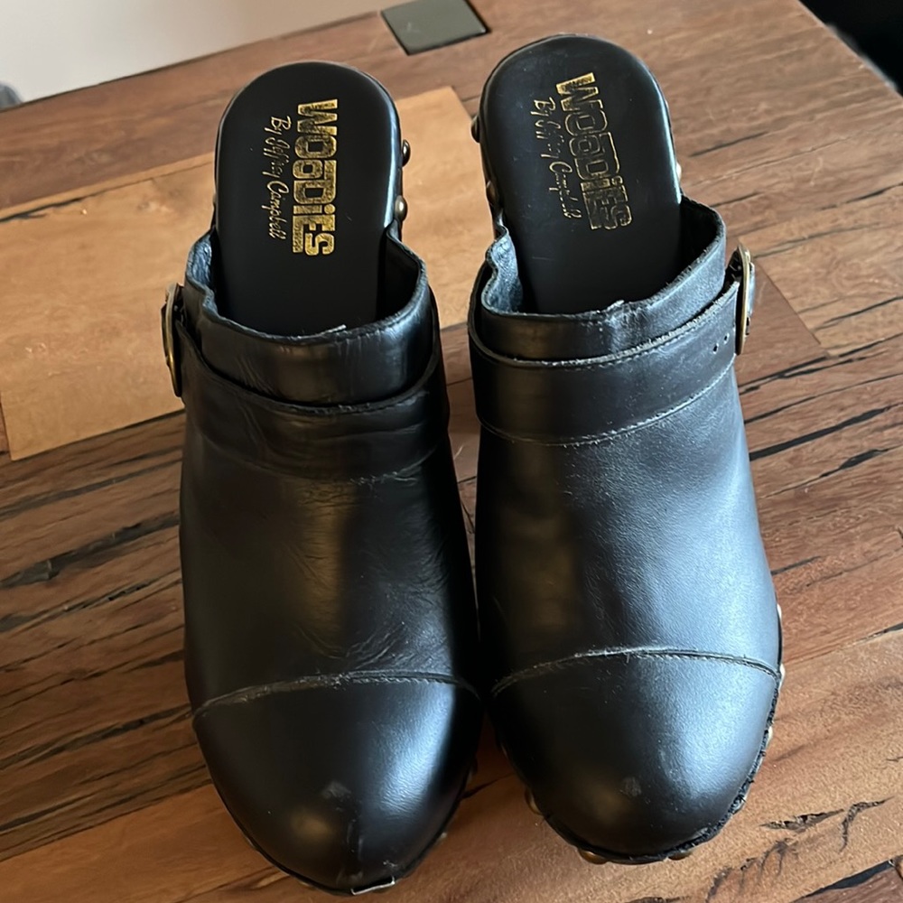JEFFERY CAMPBELL black leather retro platform clogs size 9 GUC